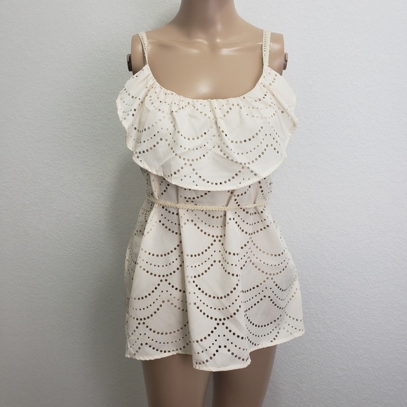 Daytrip Cream Tie Waist Tank Top with Ruffle Neck - Picture 6 of 6